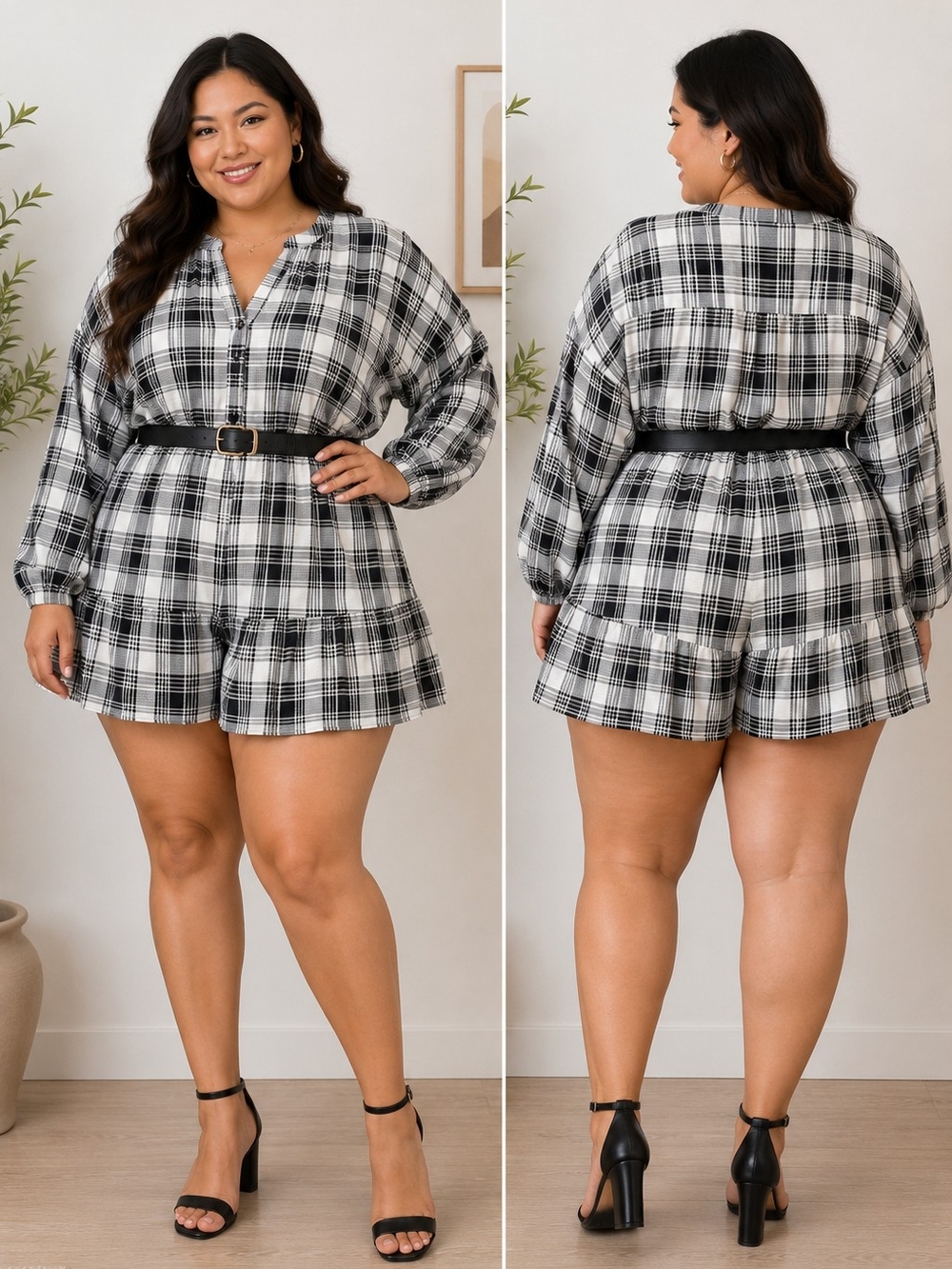 asos DESIGN Curve Black, Gray & White Plaid Long Sleeve Romper
